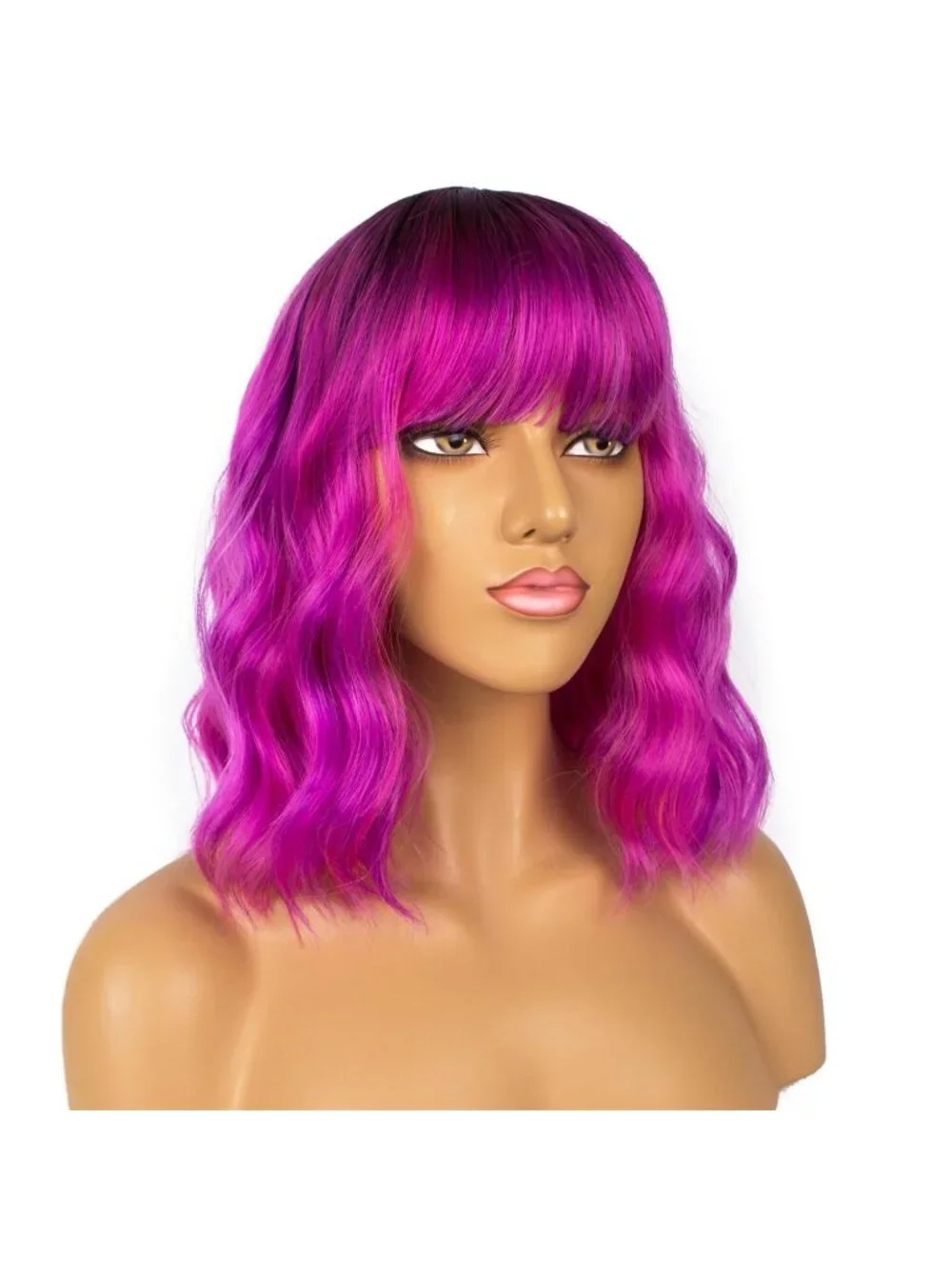 Women's Blue Shoulder Length Synthetic Loose Wavy Short Bob Wigs Bangs